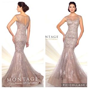 Montage by MonCheri, Ivonne D hand beaded embroidered cap sleeve trumpet Gown